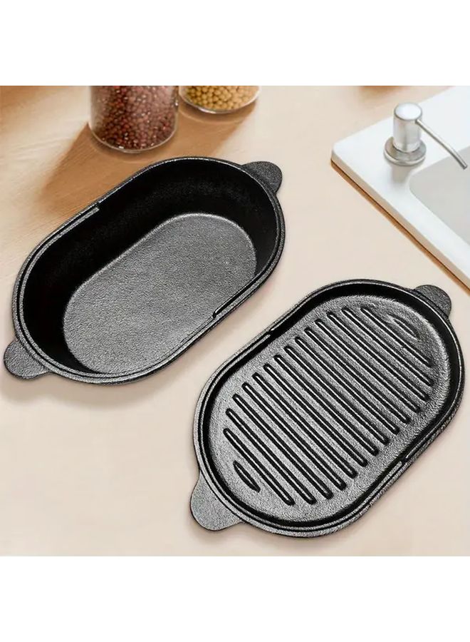 Black Cast Iron Reversible Grill Pan 11X6 3in Oval Griddle For Indoor Outdoor Cooking - Image 1